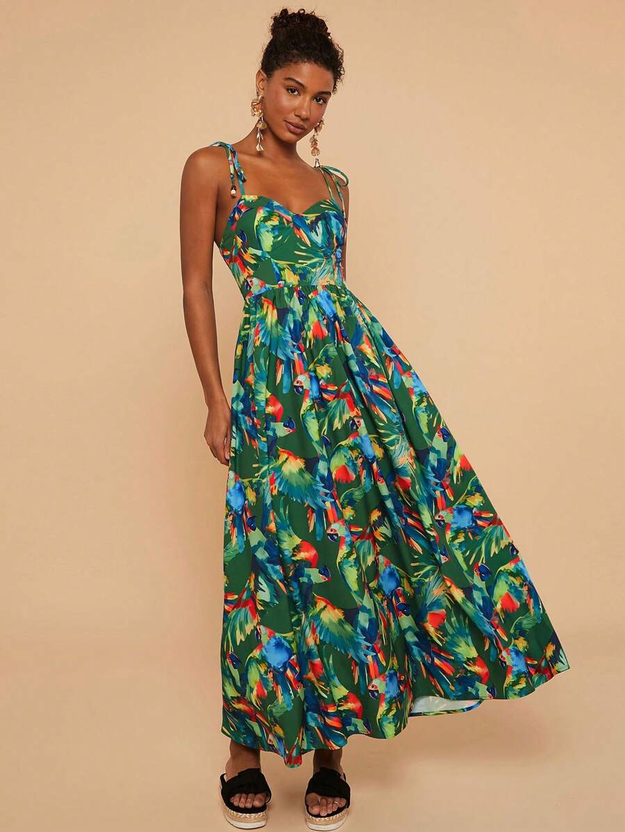 Travachic 春夏海边休闲度假，肩带蝴蝶结配木珠装饰，罩杯结构，收腰宽松连衣裙，女士绿色热带印花超长吊带裙（背部有弹性，可搭配任何身材） - 綠色 - 查看 1