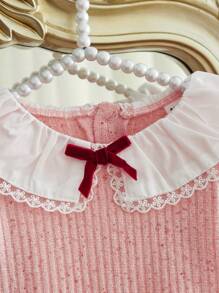 SHEIN Top de manga larga con cuello acanalado y lazo adornado para niñas bebé, estilo elegante y dulce, cálida y cómoda para primavera, otoño e invierno - Multicolor - Ver 4
