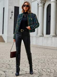 SHEIN Clasi Women's Autumn/Winter Plaid Long Sleeve Button Design Elegant Short Overcoat - Olive Green - View 3