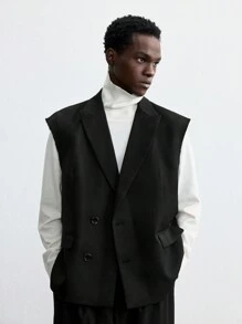 Ontre 男士春季黑色羊毛宽松宽肩带双排扣休闲西装背心，适合聚会和新年