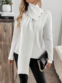 SHEIN Clasi Women's Solid Color Casual Sweater With Scarf Knit Pullover Fall Winter - White - View 1