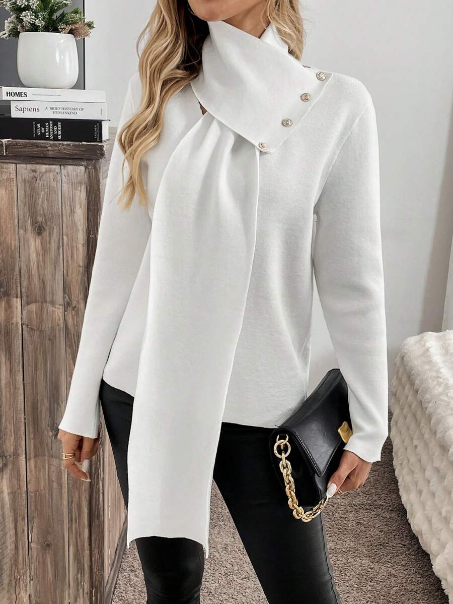 SHEIN Clasi Women's Solid Color Casual Sweater With Scarf Knit Pullover Fall Winter - White - View 1