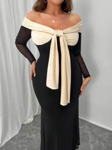 SHEIN Unity Plus Size Women's Elegant Color Block Off Shoulder Fishtail Hem Dress Maxi Women Outfit - Black - View 4