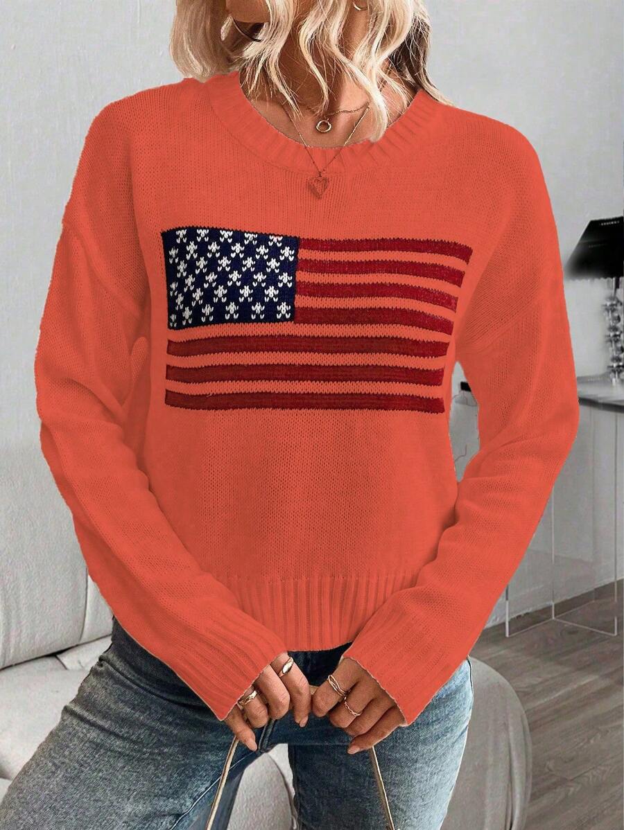 SHEIN LUNE Women's Round Neck Long Sleeve Flag Pattern Casual Sweater, Everyday Wear Knit Pullover Fall Winter - Burnt Orange - View 1