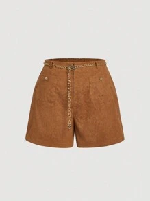SHEIN MOD Plus Size Khaki Metal Buckle Embellished Pocket Woven Textured Mid Waist Metal Chain Belt Wide Leg Shorts - Brown - View 1