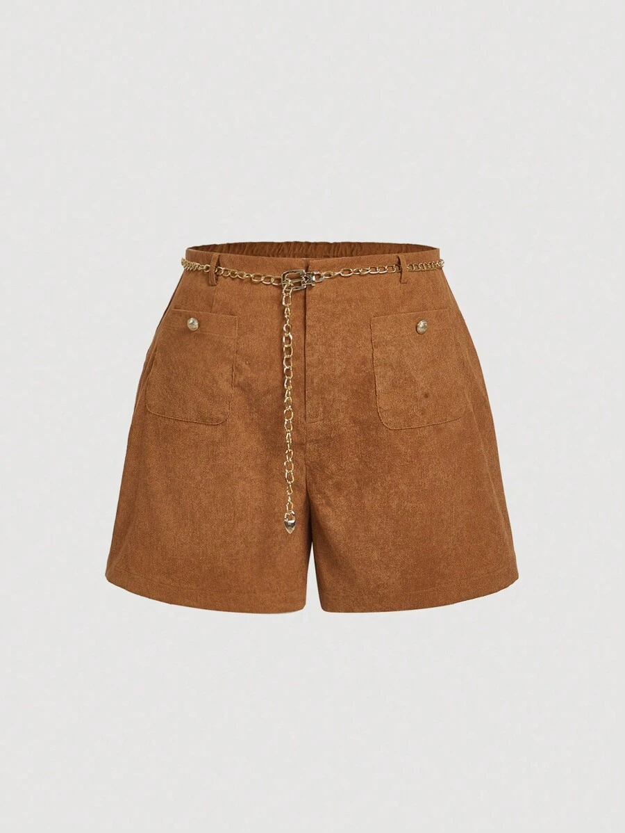 SHEIN MOD Plus Size Khaki Metal Buckle Embellished Pocket Woven Textured Mid Waist Metal Chain Belt Wide Leg Shorts - Brown - View 1