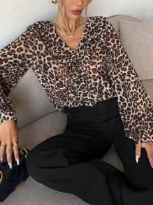 SHEIN Frenchy 女式秋季宽松豹纹荷叶边长袖衬衫 - 彩色 - 查看 4