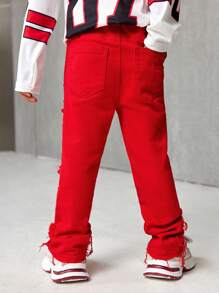 SHEIN Quần jeans skinny màu đỏ co giãn cao cấp SLAYR KIDS dành cho bé trai, phong cách đường phố cá tính, viền thô, phối nhiều mảnh, thích hợp cho mùa thu/đông và mặc hàng ngày. - Đỏ - Xem 2