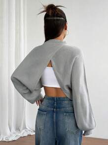 SHEIN Unity 1 件女士休闲、日常、简约不对称下摆灯笼袖套头衫，灰色