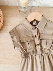 SHEIN LMoss Kids Baby Girl Cute Beige Short Sleeve Cinched Waist Jumpsuit, Collared, Summer - Camel - View 6