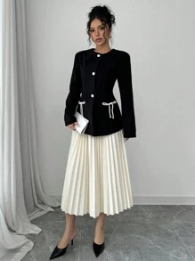 Elenzga Áo khoác nữ trang trí nơ màu tương phản đen trắng thanh lịch - màu đen - Xem 5