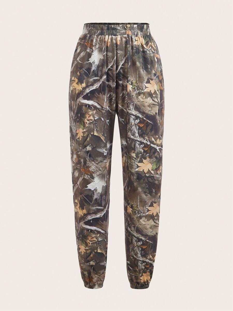 SHEIN EZwear Plus Size Women Camouflage Pattern Knit Fabric High Waist Loose Drawstring Warm Pants For Cold Weather, Autumn/Winter - Multicolor - View 1