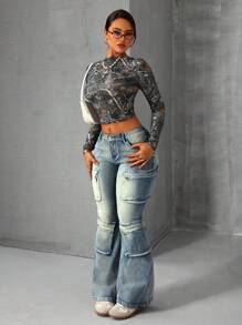 SHEIN ICON Jeans de mezclilla casuales y versátiles con múltiples bolsillos y vuelo para mujer