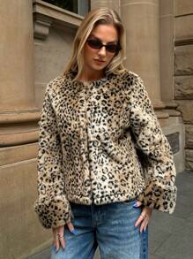 Forever 21 秋冬女款短款豹纹外套 Y2K 经典黑色长袖圣诞新年派对女士外套宽松外套节日圣诞节新年夜 - 彩色 - 查看 7