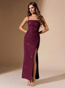 SHEIN BAE Váy xẻ hở lưng hở lưng cho nữ, ôm sát khi dự tiệc - Màu Đỏ Sâu - Xem 3