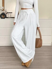 SHEIN EZwear Calça de Moletom Casual Feminina com Cintura com Cordão, Perna Larga e Solta de Cor Sólida - Branco - Visão 3