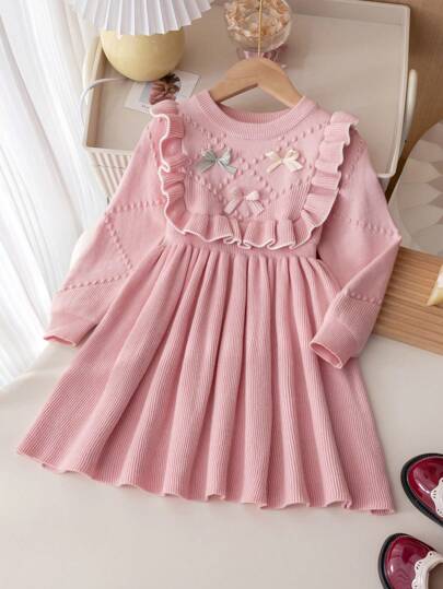 Souflis Souflis Young Girl's Pink Bow Sweater Dress, Ruffled Round Neck Long Sleeve Knitted Dress Autumn Fall
