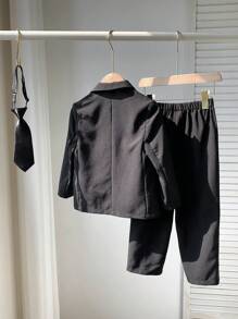 SHEIN Leap Crew Young Boy Solid Color Lapel Neck Single-Breasted Long Sleeve Jacket & Pants Casual Gentleman Suit Set, Autumn - Black - View 5