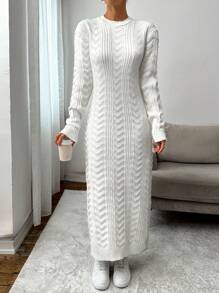 EURMUSE Neues midlanges gestricktes Pulloverkleid für Frauen, oversized, geeignet zum Schichten, dickes Material, für Herbst und Winter - Weiss - Übersicht 4