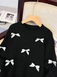 Tween Girls' Loose Casual Crew Neck Pullover Sweater With Bow Decor, Simple & Sweet Style,In Fall/Winter