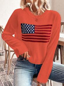 SHEIN LUNE Women's Round Neck Long Sleeve Flag Pattern Casual Sweater, Everyday Wear Knit Pullover Fall Winter - Burnt Orange - View 3
