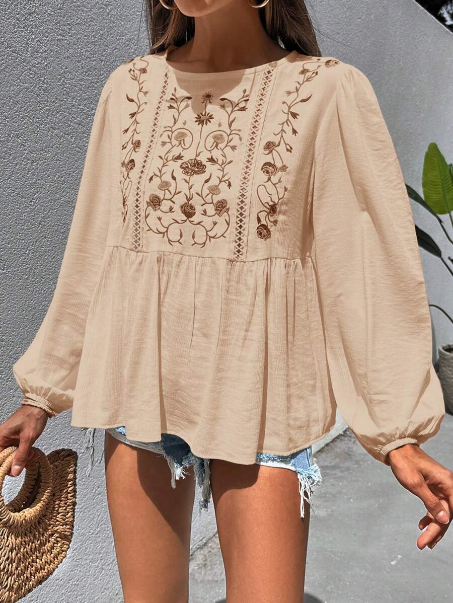 Women's Flower Embroidery Long Sleeve Shirti Crinckle Fabric, Boho Style, Slice Lace Detailed - Beige - View 1