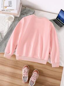 SHEIN Girls' Minimalist Cute Floral & Letter Print Round Neck Ribbed Long Sleeve Sweatshirt