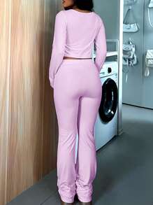 INAWLY 2pcs Women Casual Daily Solid Color V-Neck Crop Top And Pants Set, Autumn - Purple - View 2