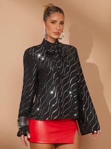 Lumalex Blusa suelta de manga larga con cuello de bufanda elegante y noble con lentejuelas para mujer, ideal para fiestas, cenas, celebraciones de Primavera, Día de San Valentín, Invierno y otras ocasiones - Negro - Ver 7