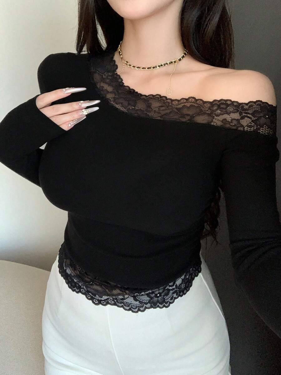 DAZY 女式蕾丝撞色不对称领口长袖T恤，秋季女装