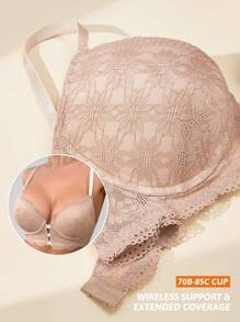 1pc Women's Lace Front Hook Closure Wire Lingerie Bra - Apricot - View 5