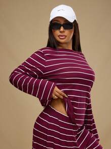 Forever 21 大码冬季长袖上衣，宽松不对称肩部条纹休闲宽松酒红色针织T恤，新年外出上衣，圣诞节酒红色上衣 - 酒紅色 - 查看 7