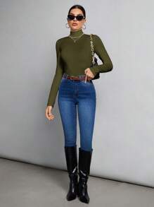 SHEIN Tall Atasan Putih Polos Sederhana dengan Kerah Tinggi, Cocok untuk Musim Gugur dan Musim Dingin, untuk Wanita Tinggi - Hijau Tentara - View 4