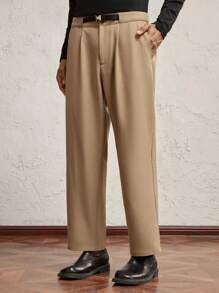 AKNOTIC Business Casual Men's Khaki Woven Relaxed Fit Mid-Rise Straight Leg Casual Pants With Metal Buckle Belt, Plain Work Long Baggy Slacks Pants, For Husband, Boyfriend Gifts