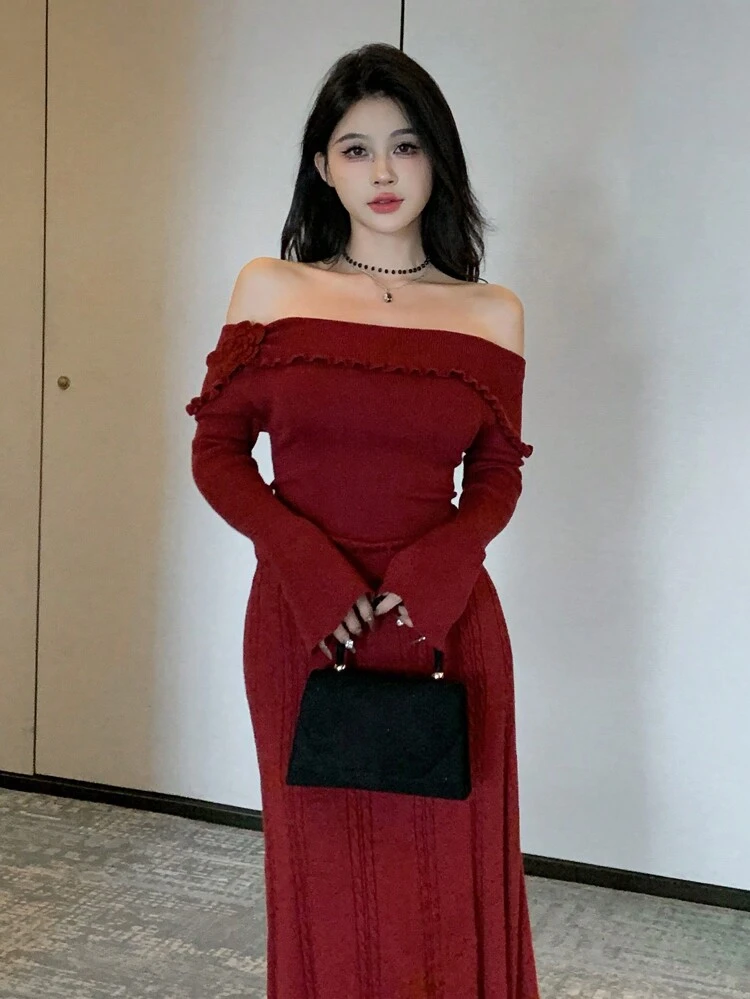Women's Solid Color Off-Shoulder Long Sleeve Casual Sweater Dress Off Shoulder Red Women Dresses Christmas