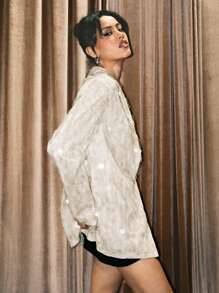 Easelle Women Sequin Embellished Flat Collar Blazer Party