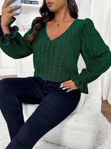 SHEIN Frenchy Plus Size Green V-Neck Glitter Embellished Party Shirt, Long Sleeve