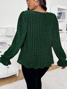 SHEIN Frenchy Plus Size Green V-Neck Glitter Embellished Party Shirt, Long Sleeve
