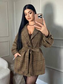 SHEIN SXY Autumn/Winter Houndstooth Tie-Waist Jacket