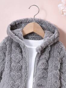 SHEIN Elladie kids 1 件年轻女孩休闲粉色柔软羊毛夹克，心形图案拉链前开衫带帽，秋冬 - 灰色 - 查看 3