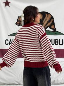 Flirla V-Ausschnitt lässiger farbblockiger gestreifter loser Strickpullover für Frauen