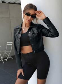 SHEIN LUNE Flap Pocket Crop PU Jacket Fall Winter Cloth For Women - Black - View 3