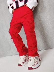 SHEIN Quần jeans skinny màu đỏ co giãn cao cấp SLAYR KIDS dành cho bé trai, phong cách đường phố cá tính, viền thô, phối nhiều mảnh, thích hợp cho mùa thu/đông và mặc hàng ngày. - Đỏ - Xem 3