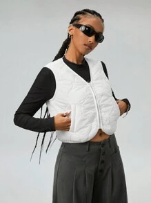 SHEIN EZwear Dames Winter Streetwear Vintage Gewatteerde Getextureerde Zwarte Korte Vest Gewatteerd