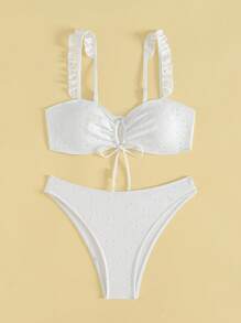 SHEIN Swim Conjunto de bikini de verano para mujer con textura de volantes y atar - Blanco - Ver 6