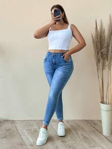 SHEIN Cottnline WOMEN PLUS SIZE SKINNY HIGH WAIST JEANS - Light Wash - View 5
