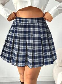 SHEIN EZwear Plus Size Retro Plaid Pleated A-Line Skirt - Multicolor - View 3