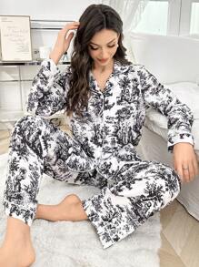 LuxeNights Bubble Wrinkle Print Lapel Collar Long Sleeve Top & Pants Pajama Set, Fall Winter Clothes Cozy And Elegant Details - Black - View 3