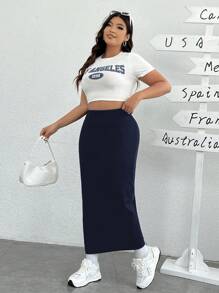 SHEIN EZwear Chân váy bút chì trơn tối giản cỡ lớn, mặc thường ngày - Màu xanh hải quân - Xem 4
