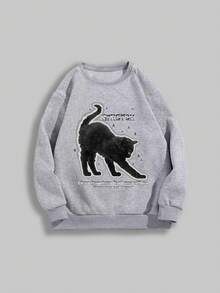 ROMWE Goth 女款深色猫咪图案羊毛圆领长袖运动衫，秋冬款 - 灰色 - 查看 4